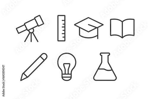 Educational tools for science and study in a classroom setting with various instruments including a telescope and laboratory flask
