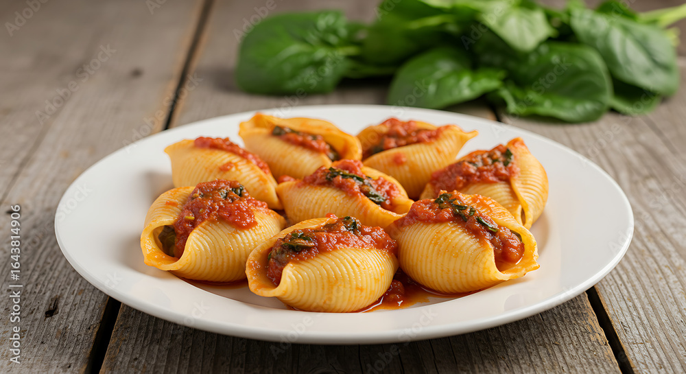 Plate of conchiglioni recheados com ricota e espinafre, topped with light tomato sauce, served in a white ceramic dish on a rustic wooden table with fresh spinach leaves in the background Plate of conchiglioni recheados com ricota e espinafre, topped with light tomato sauce, served in a white ceramic dish on a rustic wooden table with fresh spinach leaves in the background