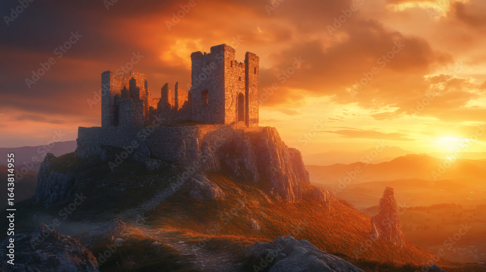 Fototapeta premium A ruined castle atop a hill at sunset.