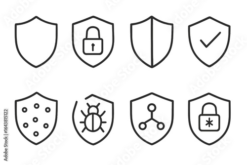Collection of gray outline shield icons representing various security concepts and technologies for digital protection