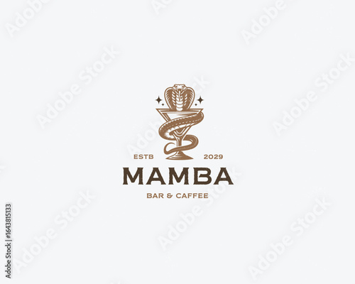 Black Mamba snake coiled around a martini glass logo template for bar cafe