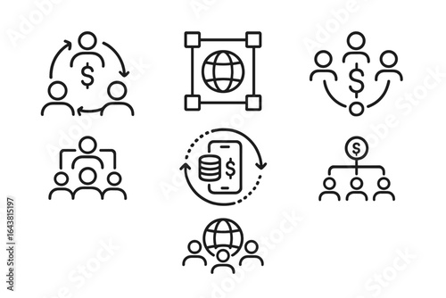Icons representing global financial transactions and collaborative business models in a modern context