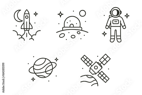 Rocket launch and space exploration with astronaut and satellite in a cosmic setting