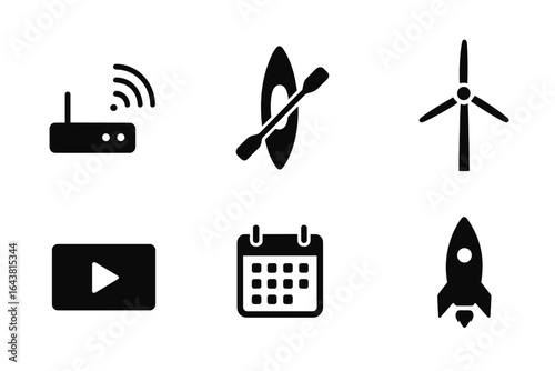Collection of icons representing technology, outdoor activities, renewable energy, and scheduling tools commonly used in various applications