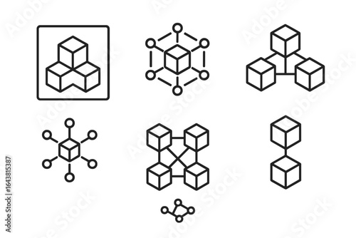 Geometric line art showing various cubic structures and connections in a minimalistic design