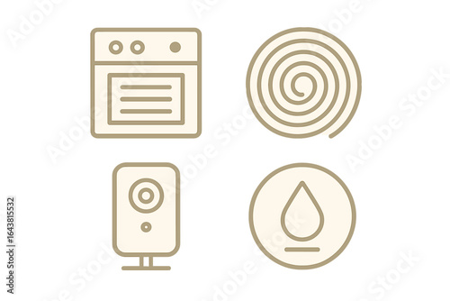 Simple line art representing kitchen appliances and elements in a modern design style
