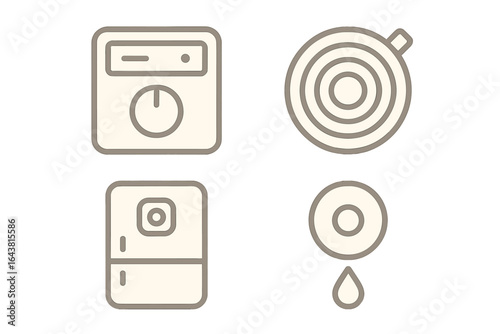 Home appliances icons set showcasing a washing machine, stove, refrigerator, and drop of water in simple line art design