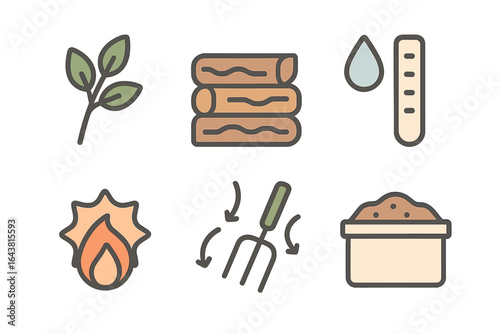 Various essential elements for gardening and plant care including soil, water, and tools in a minimalistic style