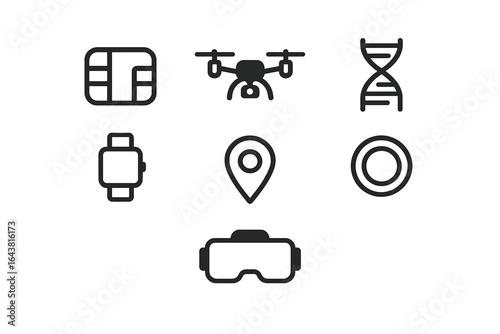 Technological advancements represented through icons of modern devices and innovations in a minimalist style
