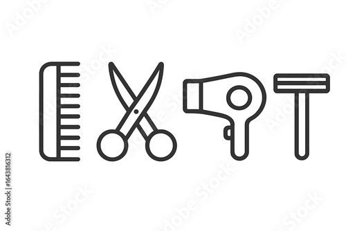 Essential hair styling tools displayed, including comb, scissors, hair dryer, and razor for a modern salon