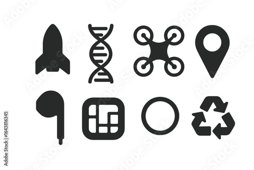 Symbols representing technology, science, and sustainability in a modern design layout