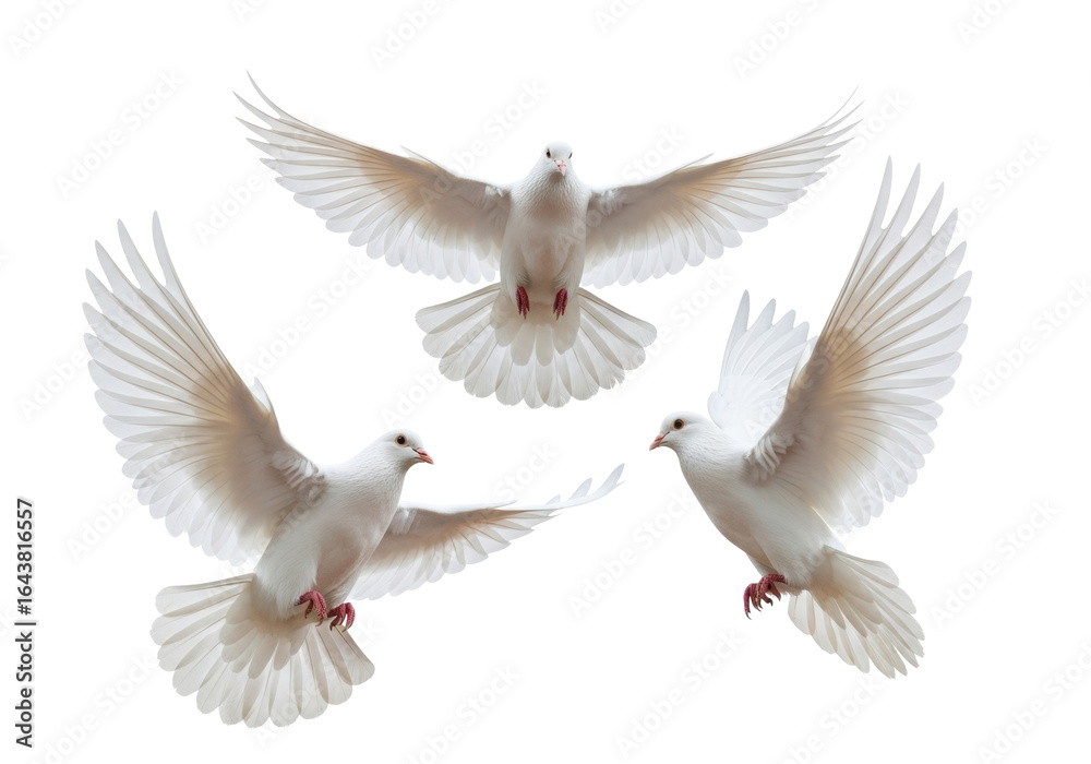 Obraz premium Three transparent doves with wings fully spread wide, meticulously captured mid-flight against a stark, immaculate white studio background, ultra-realistic UHD photography, concept of purity and