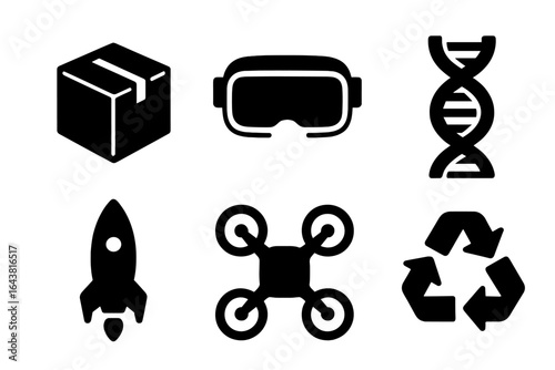 Innovative technology elements showcasing virtual reality, drones, recycling, and genetics in a graphic design layout