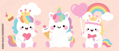 Adorable Kawaii Unicorns with Sweets and Rainbow