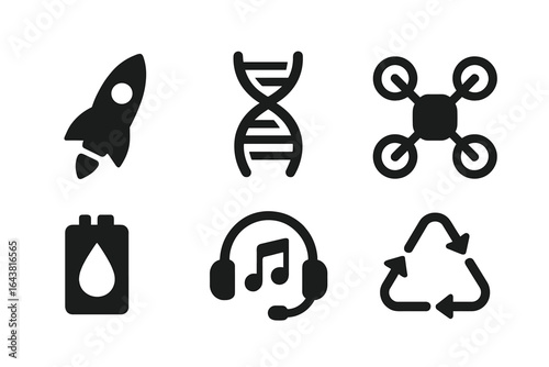 Innovative technology icons representing exploration, science, and connectivity in modern society