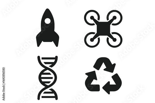 Innovative technologies represented by symbols showcasing space exploration, drone technology, genetic research, and sustainability efforts