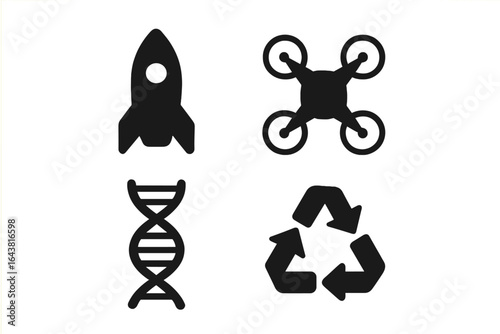 Icons representing technology, science, sustainability, and innovation in a minimalist design