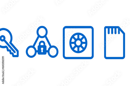 Symbols representing security and data protection with key, lock, safe, and memory card icons displayed in blue color