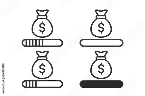 Progress bars displaying money bag icons to indicate financial growth and savings over time