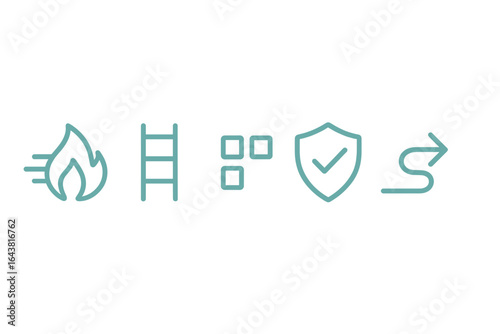 Elements of fire safety with visual symbols representing emergency measures and protection protocols