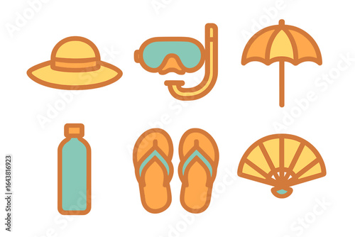 Summer beach essentials including hat, snorkel gear, umbrella, water bottle, flip flops, and fan for a relaxing day by the ocean