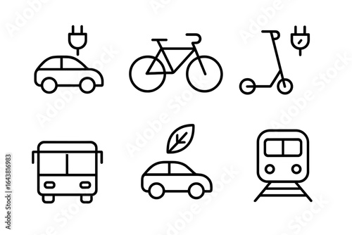 Collection of line icons representing various modes of transportation including electric car, bicycle, scooter, bus, and train
