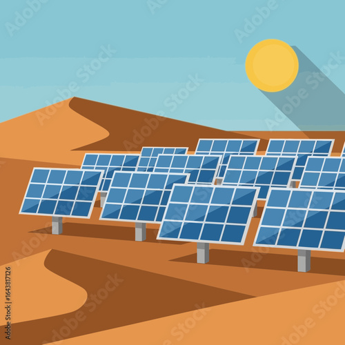 Solar panels in a desert landscape under a bright sun.
