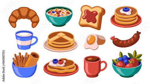 Assortment of breakfast foods including pancakes, cereal and croissant