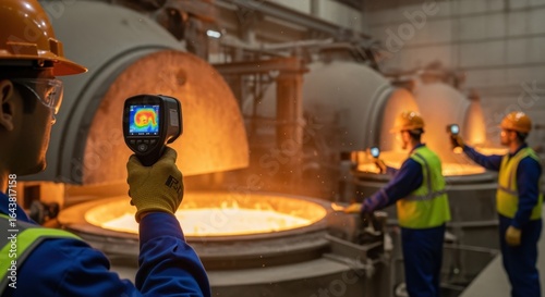 Engineers utilizing thermal imaging devices to assess heat distribution on radioactive waste vitrification melter surfaces during maintenance.