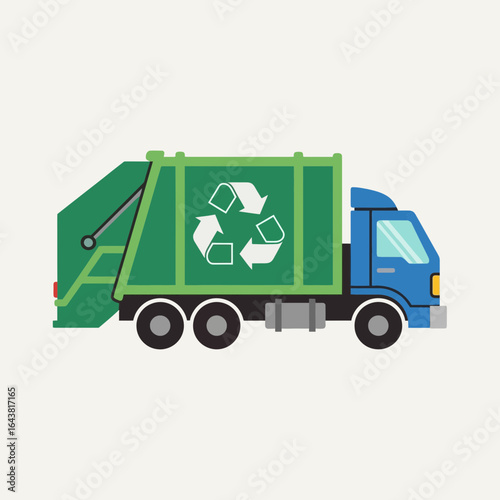 Green garbage truck with recycling symbol on side.