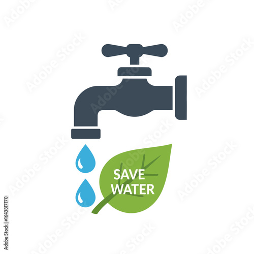 Water faucet dripping onto a leaf with save water message.
