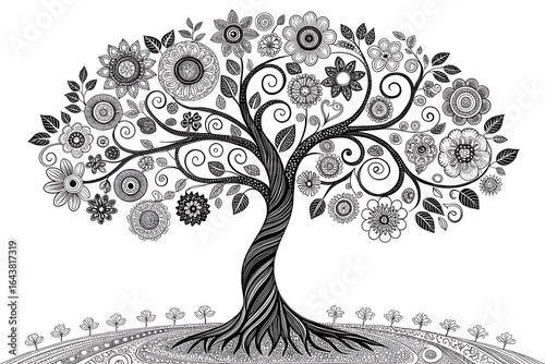 Intricate black and white illustration of a decorative tree filled with floral patterns and swirling designs