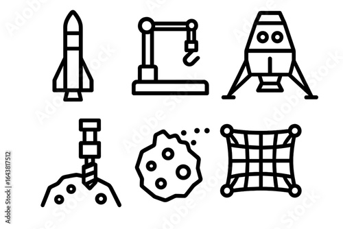 Rocket, lunar lander, and construction icon set representing space exploration and technology development activities