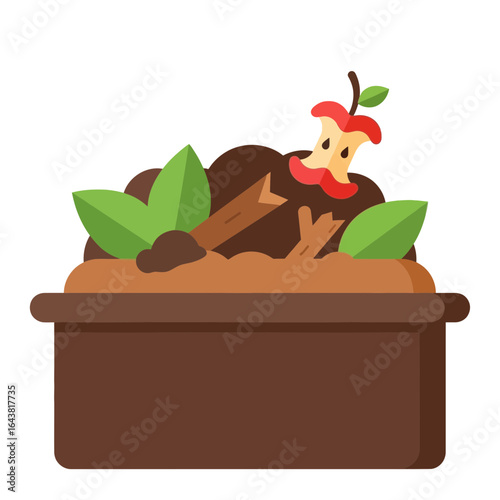 Compost bin with organic waste and green leaves.