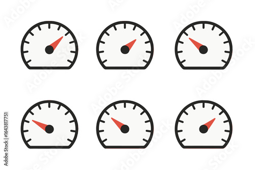 Multiple speedometer icons displaying various levels of measurement in a simple design for use in graphics and illustrations