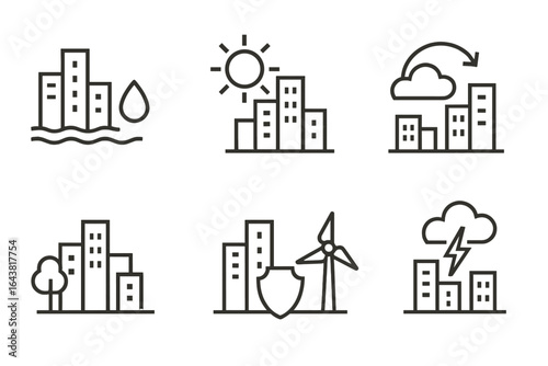 Outline icons displaying weather patterns and environmental factors impacting a cityscape
