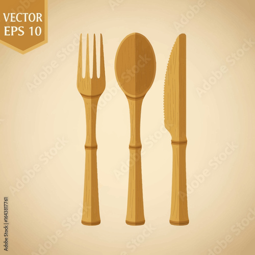 Wooden fork spoon and knife set on a light background.
