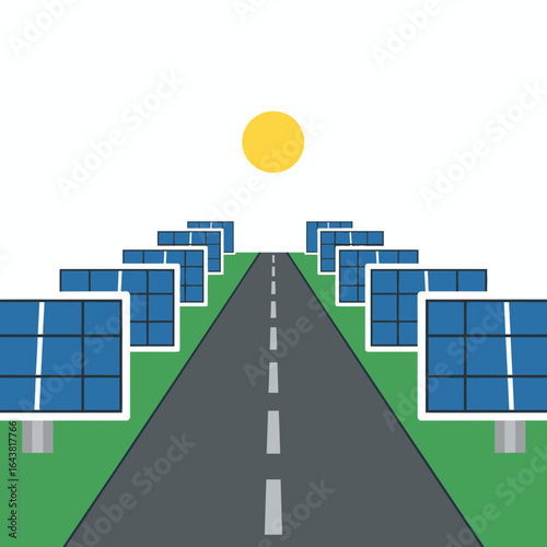 Road lined with solar panels under a bright sun.
