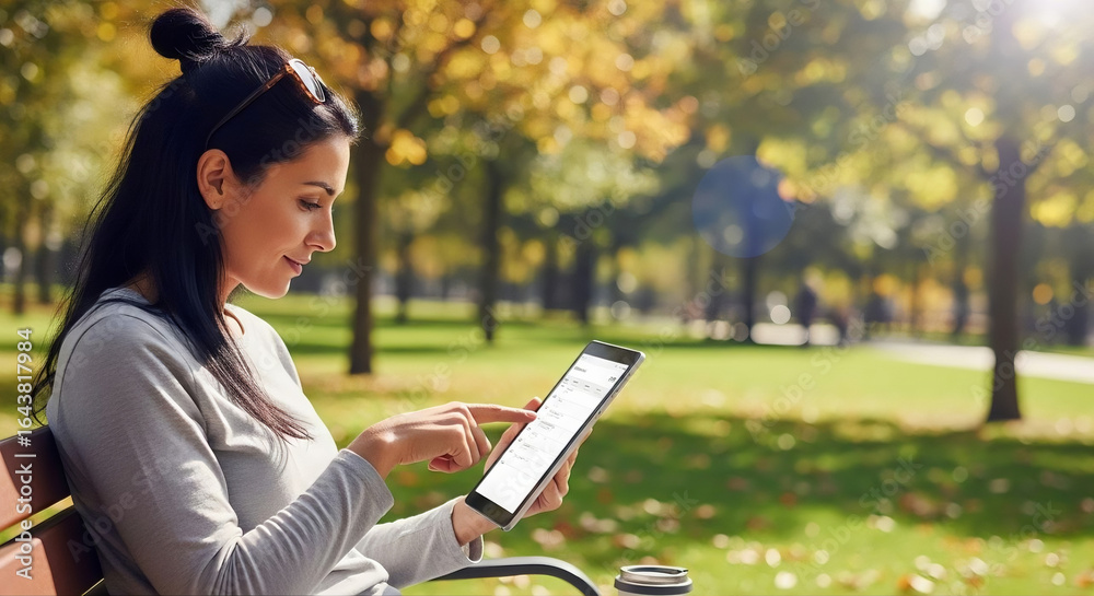 Obraz premium A young woman smiles while using a digital tablet on a park bench on a sunny day. Online Browse or shopping concept