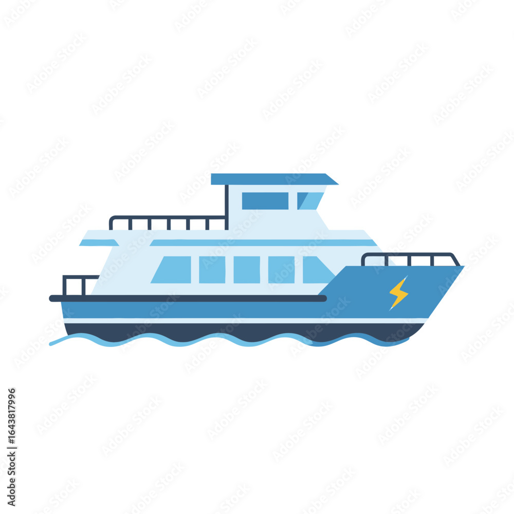 Fototapeta premium A blue and white passenger boat floats on wavy water.