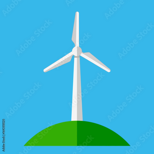 A white wind turbine stands on a green hill under a blue sky.