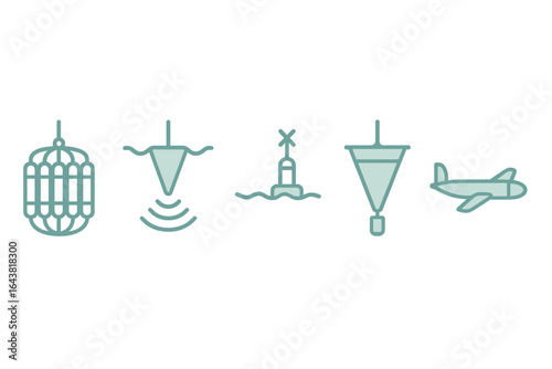 Underwater exploration tools and equipment in a minimalist design illustrating ocean mapping techniques and aircraft navigation