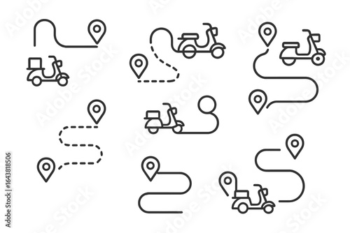 Creative vector icons depicting scooter delivery routes and location markers for navigation and logistics purposes