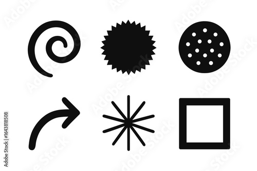 Various black geometric shapes and symbols arranged on a light background for design references and creative inspiration