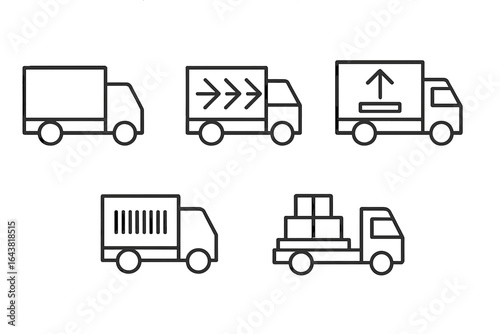 Various truck icons representing delivery and transportation logistics in a minimalist style