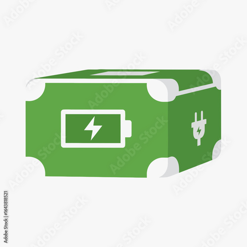 Green portable power bank with charging symbols.