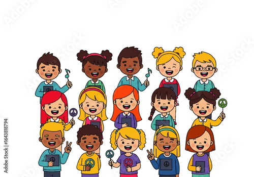 Diverse group of happy children holding music and peace symbols. Suitable for promoting unity and positivity in multicultural settings.