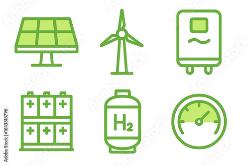 Renewable energy icons representing solar, wind, and hydrogen technologies for sustainable solutions
