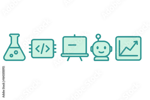 Symbols representing technology, science, education, and innovation in a creative layout