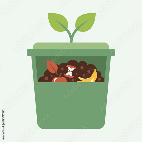 Green bin filled with organic waste and a growing plant.